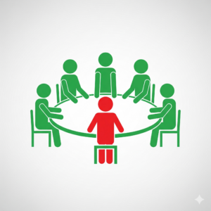 Streckfigurer kring ett bord. En är röd de fem andra är gröna.