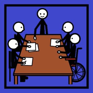 Tecknade människor sitter och står kring ett bord.