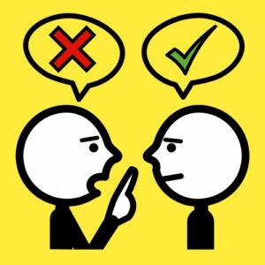 Två tecknade personer. En med pratbubbla med grön bock och den andra mer rött kryss.