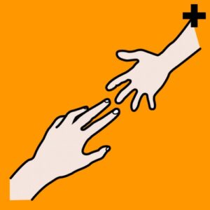 Två tecknade händer möter varandra.